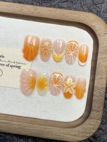 10pcs Handmade Nails Oval Nails Press On Nails Short, Elegant Orange Nails, French Tip Nails, Ombre Gradient Hand-Painted Lemon Orange Floral 3D Carved Embossed Flower, Faux Pearl Inlaid, Mermaid Teardrop Beach Essentials, Premium Universally Flattering Nail Tips, Edgy Elegant Luxury Handcrafted Autumn Nails, Sweet Aesthetic Nails,