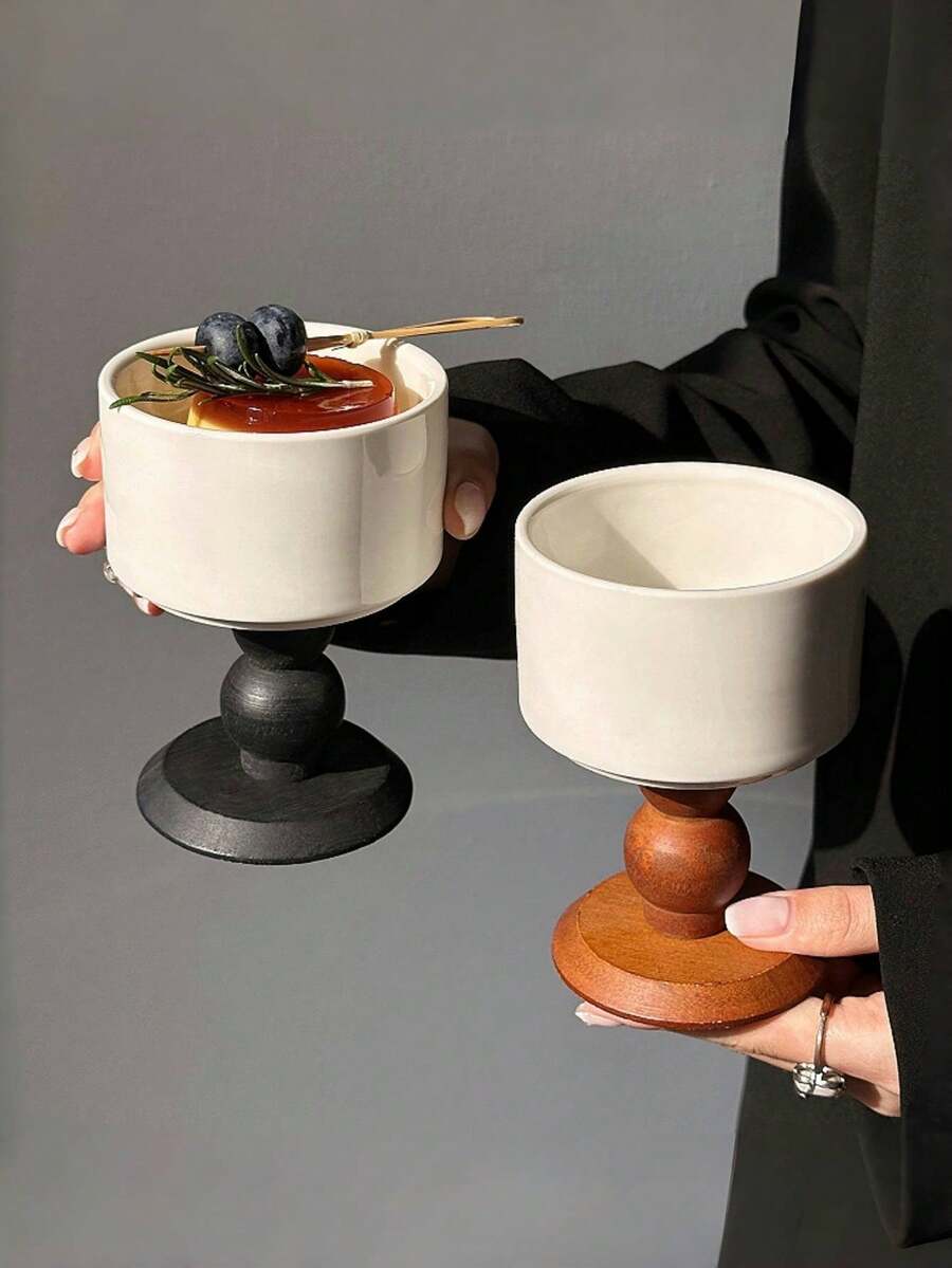 1 件优雅木柄陶瓷杯，冰淇淋杯酸奶甜点布丁杯，高品质复古 Ins 风格设计，适用于甜点、冰淇淋、蛋糕、杯子等。
