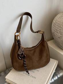 1 pièce Nouveau sac de mode décontracté de design de niche pour femmes, sac sous le bras rétro en forme de croissant, sac bandoulière polyvalent, en matériau PU, avec sangle réglable, convient pour un usage quotidien, les courses, les déplacements, le travail, l'université - Tabac - Voir 8