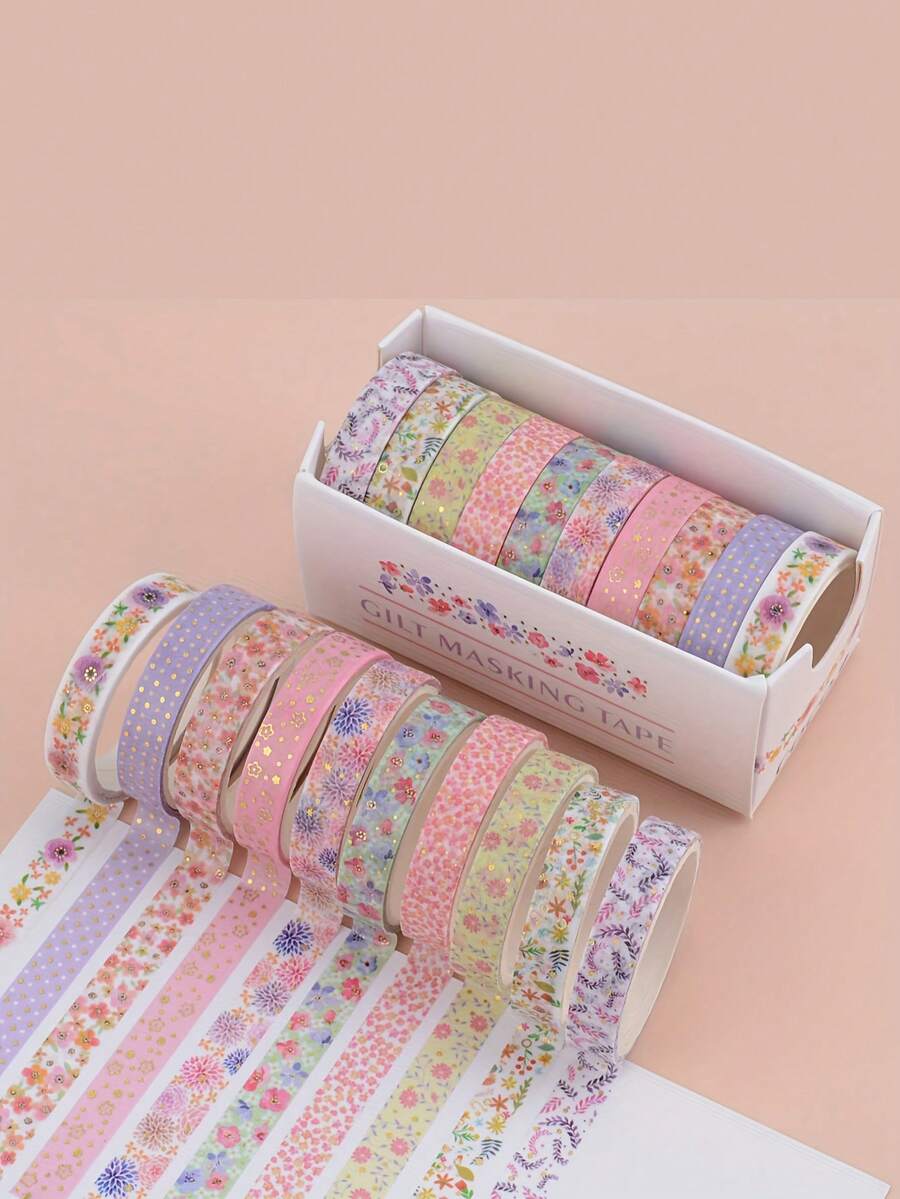 10卷迷你和纸胶带套装：彩色基本款细款遮蔽装饰胶带，适用于子弹日记本、计划本、DIY工艺品、艺术品、包装、剪贴簿用品、礼品装饰贴纸 - 花 - 查看 1
