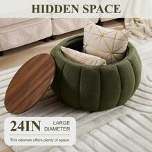 YDCOSYFY 30 Inches Large Round  Ottoman With Storage,Pumpkin Shape Upholstered Ottoman Coffee Table, With Removable Wooden Top, Soft Teddy Fabric Surface, For Living Room, Bedroom - 綠色 - 查看 2