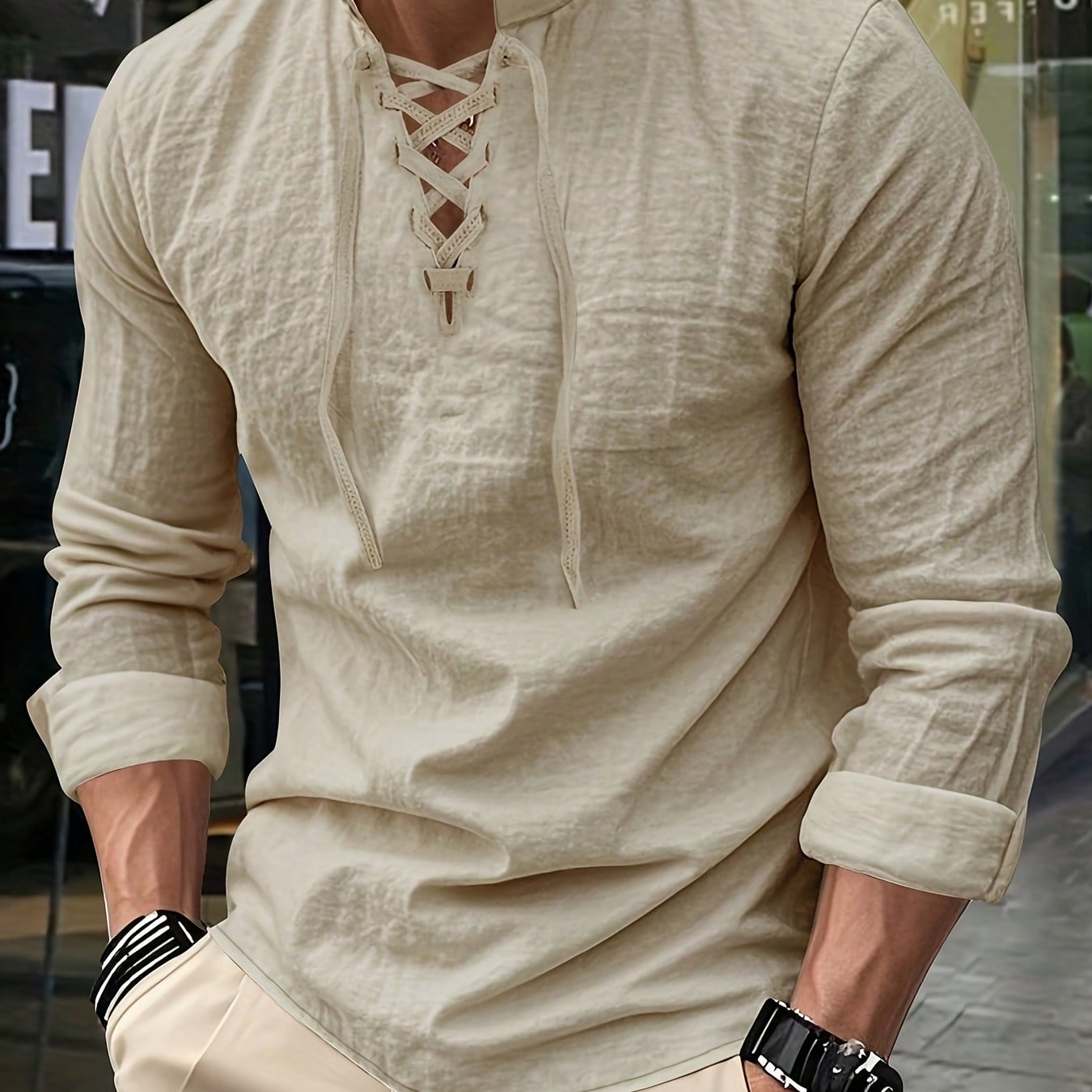 Camisa casual de cuello en V con cordón para hombres