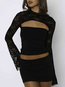 Women's Y2K Floral Lace Shirt Top Long Sleeve Mock Neck Cut Out Slim Fit T Shirts Crop Tops Spring Fall Teen Girls Going Out Tops Vintage Aesthetic Clothes Party Club Streetwear - 黑色 - 查看 4