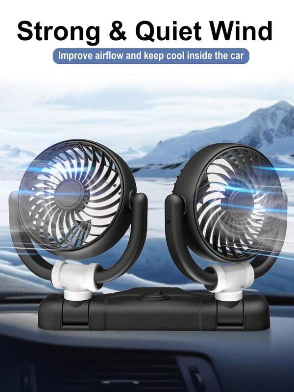 1 pieza Ventilador de coche de doble cabezal, ventilador de salpicadero, ventilador circulador de aire ajustable de 2 velocidades, rotación de 360°, mejora el flujo de aire, mantiene el interior del coche fresco y refrescante. Fácil de usar y montado de forma segura, incluye una pegatina adhesiva resistente para fijar el ventilador en el salpicadero o el reposabrazos del coche. Adecuado para sedán, coche, camión, SUV, autocaravana, ATV y talla grande.