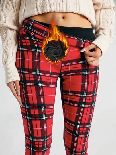 1 عبوة سراويل ضيقة نسائية مبطنة بالحرارة سميكة عالية المرونة للخريف/الشتاء، بطبعة مربعات حمراء وسوداء، ناعمة ومريحة للارتداء في المنزل والرياضة والخارج والتسوق والسفر والعمل