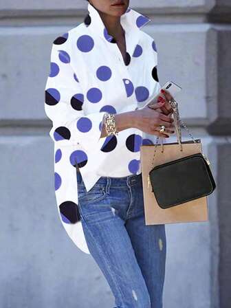 Spring Autumn Polka Dot Print Ruffle Trim Long Sleeve Oversize Asymmetric Hem Blouse,Long Sleeve Tops