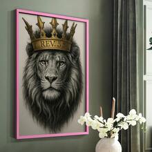 1pc Restickable Framed Lion Of Judah Art Print, Wood Frame, Biblical Inspired Regal Animal Wall Decor With Gold Crown & Scripture Accent, Spiritual Artwork For Living Room, Office, Or Prayer Room, Made In USA, Ready To Hang Art Prints - 粉色 - 查看 2