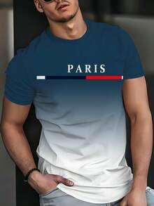 Áo thun ngắn tay kiểu dáng thường ngày với họa tiết "PARIS" và hiệu ứng chuyển màu xanh trắng, thể hiện phong cách Paris, 100% polyester. - Nhiều màu - Xem 3