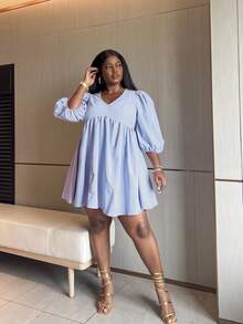 大码女式可爱性感深V领短款复活节连衣裙，优雅 - 藍紫色 - 查看 2