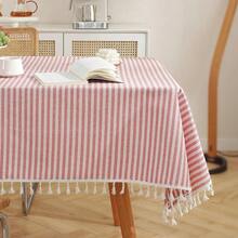 Tablecloth Striped Fringe Table Cloth Rectangular Tablecloths Cotton Linen Table Cover For Dining Coffee Buffet Kitchen Picnic Use(55x102 Inch, Red) - Red102x55Rectangular - View 1