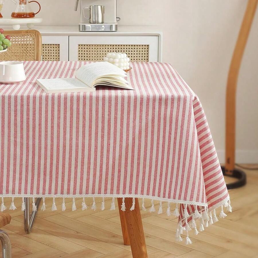 Tablecloth Striped Fringe Table Cloth Rectangular Tablecloths Cotton Linen Table Cover For Dining Coffee Buffet Kitchen Picnic Use(55x102 Inch, Red) - Red102x55Rectangular - View 1