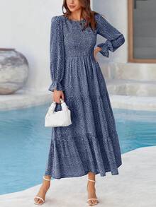 Women Leopard Long Sleeve Maxi Dress Flounces High Waist Smocked Tiered Dress Fall Spring Wedding Guest Vacation Holiday Boho Valentine Dresses Outfits - 深藍色 - 查看 1