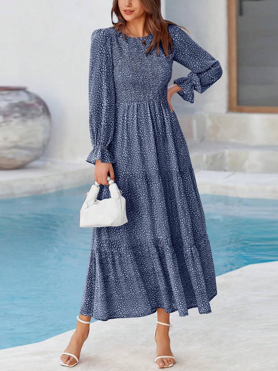 Women Leopard Long Sleeve Maxi Dress Flounces High Waist Smocked Tiered Dress Fall Spring Wedding Guest Vacation Holiday Boho Valentine Dresses Outfits - 深藍色 - 查看 1