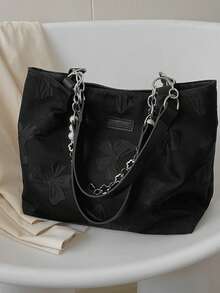 女士花卉布艺托特包，大容量通勤包，时尚百搭必备 - 黑色 - 查看 8