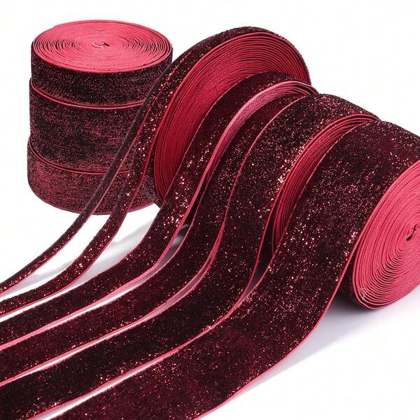 7-38mm Nastro in velluto rosso scuro scintillante per confezioni regalo natalizie, decorazioni per le vacanze, colorato nastro in velluto con brillantini