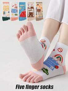 1/3/5 双女式卡通图案分趾袜，时尚中筒袜，百搭可爱长袜，适合春、秋、冬 - 彩色 - 查看 4