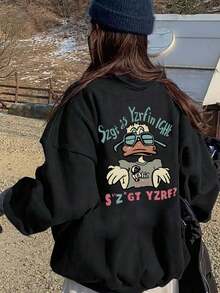 Women's Casual Loose Fit Letter & Cartoon Print Crew Neck Sweatshirt, Versatile For Autumn/Winter - Black - View 1