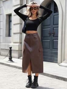 时尚音乐节休闲别致性感优雅女士A字PU中长裙，春夏 - 咖啡棕 - 查看 3