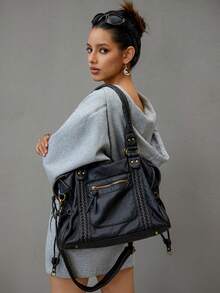 DareSee 2025 时尚女包，Y2K 复古摩托车包，柔软皮革大容量手提包，废土风格托特包，女士单肩/斜挎包，超柔软面料，波西米亚风女包，2000 年代时尚女包，复古女包，音乐节礼物 - 黑色 - 查看 2