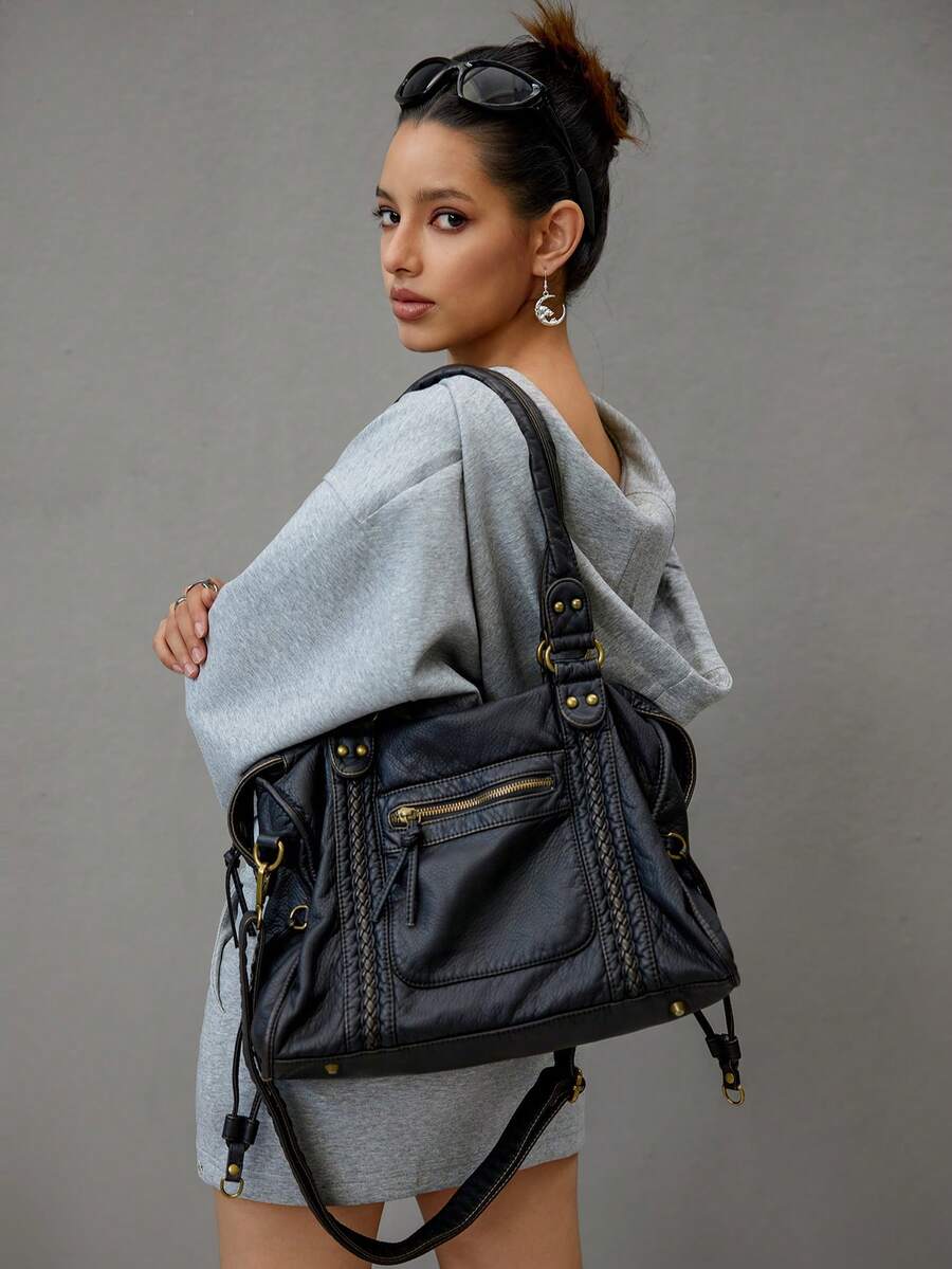 DareSee 2025 时尚女包，Y2K 复古摩托车包，柔软皮革大容量手提包，废土风格托特包，女士单肩/斜挎包，超柔软面料，波西米亚风女包，2000 年代时尚女包，复古女包，音乐节礼物