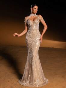 Faeriesty Haute Glamour Elegant Sparkly Mermaid Evening Gown With Sequins And Bead Accents, Delicate Pearl-Chain Straps, Sheer Tulle Fish-Tail Skirt – Perfect For Weddings, Red-Carpet Events, Evening Galas & Award Ceremonies For Women