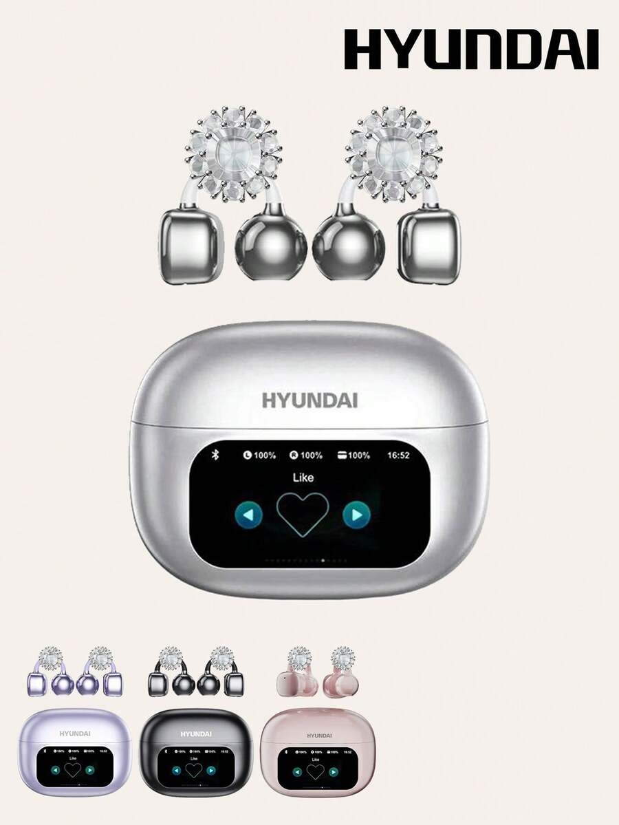 HYUNDAI 现代HY-C02时尚蓝牙耳机，配有花朵耳饰配件，触控屏幕，多功能智能降噪，超长续航，高品质音乐和游戏体验，通话清晰，舒适的开放式无线耳机，女士耳环，时尚配饰，女士礼物 - 多色+銀色花瓣耳飾 - 查看 1