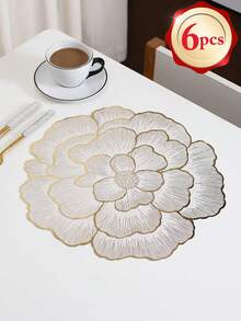 1-120pcs Gold Flower Design PVC Placemats, Washable, Easy To Clean, Wipe-Clean, Non-Slip, Holiday Wedding Party Dining Table Decor - Gold - View 11