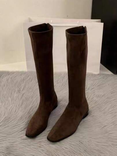 2025 New Korean Style Thick Heel Suede Ankle Boots For Women, Thermal Lined Boots, Coffee Color, Ankle Boots & Booties, Classic Boots, Fall, Slim Fit Short Boots, Autumn/Winter