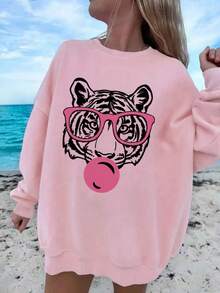 1件少女休闲印花圆领卫衣，加厚长袖套头衫，适合学生，秋冬季 - 眼镜老虎印花卫衣，适合想要脱颖而出的动物爱好者 - 粉色 - 查看 6