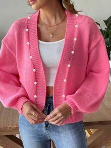 Women's Knitted Cardigan, Pink Knit Sweater Cardigan With Pearl Button Decor, Fashionable For Everyday Wear In Autumn/Winter