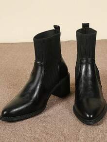 Botas Curtas de Malha e PU Recortadas Femininas, Botas Tipo Meia Estilo Fada, Bico Fino Salto Grosso Slip-On, Botas Tornozelo e Botinhas, Outono, Preto, Outono/Inverno