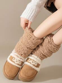 1pair Women's Autumn And Winter Thick Plush Leg Protection Socks, Warm Mid Tube Pile Socks, Outdoor Warm Plush Sock Covers Leg Covers, Snow Boots Short Tube Socks