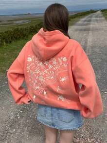 Women's Ocean Embroidered Hoodie Oversized Sweatshirt Casual Loose-Fit Top For Fall/Winte Layering And Everyday Outfits - 橘色 - 查看 2