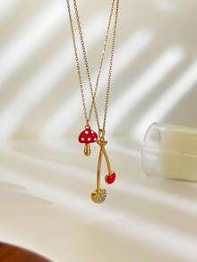 Monlansher New Fashionable Women's Stainless Steel Pendant Necklace, Minimalist Design With Mushroom & Cherry Elements, Versatile Casual Wear - Gold - View 5