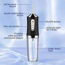 四合一牙齿水牙线，无线口腔冲洗器，带 3 种喷射模式，800mAh，适合居家旅行，适合男士和女士日常牙齿护理，是父亲节礼物的理想之选 - 黑色 - 查看 9