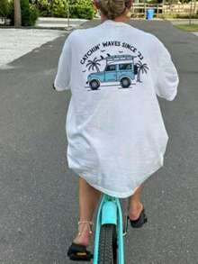 Women's Y2k Coconut Tree Graphic Oversized T Shirts Tops - Women's T-Shirts - Vacation Outfits Women - 2026 New Summer Tops - 藍白色 - 查看 5