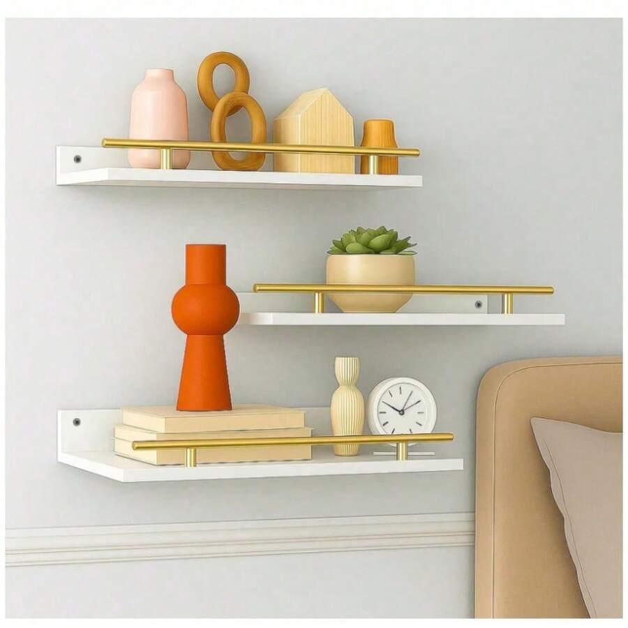 A Set Of 3 Wooden Wall Racks, Floating Racks, Wall Hanging Racks, Picture Display Racks, Spice Racks, Kitchen, Bedroom, Bathroom Decoration Wooden Wall Racks - White Set of 3 - View 1