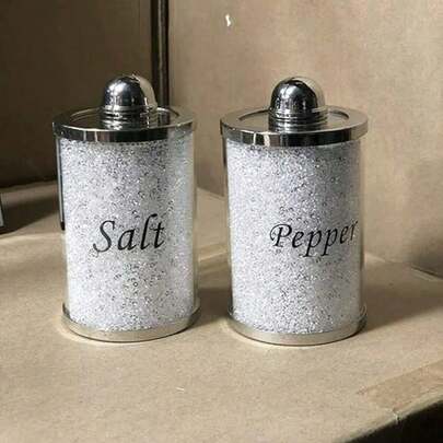 Biznest Diamond Crushed Salt Pepper Canisters Jars Storage Silver Trimmings Crystal Filled (White)