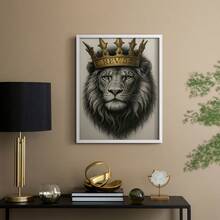1pc Restickable Framed Lion Of Judah Art Print, Wood Frame, Biblical Inspired Regal Animal Wall Decor With Gold Crown & Scripture Accent, Spiritual Artwork For Living Room, Office, Or Prayer Room, Made In USA, Ready To Hang Art Prints - White - View 3