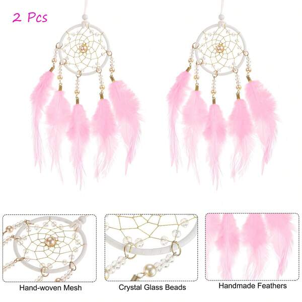 2 Pcs Dream Catchers, Small Handmade Feather Dreamcatcher Supplies Car Charm With Crystal Beads Wall Hanging Decor For Home Car Decoration Ornament Women Friend Gift (Pink)