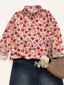 女士加大码爱心草莓印花长袖衬衫，休闲百搭，尽显甜美、纯真、可爱的春日气息 - 彩色 - 查看 4