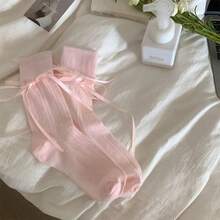 1 双女士纯色透气薄丝带系带蝴蝶结芭蕾袜，黑色、白色、灰色、粉色，春夏秋季 - 彩色 - 查看 9