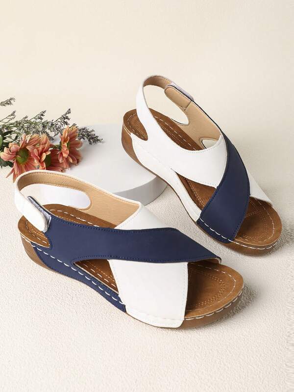 Sandalias de plataforma con suela gruesa y punta abierta para mujer, con diseño de punta redonda, suela gruesa, slip-on, diseño de cintura, de dos colores, versátiles, aptas para uso al aire libre