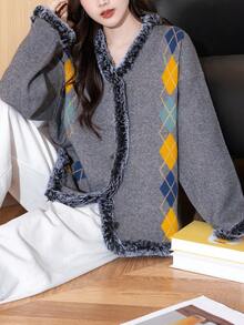 Alicedudu Chaqueta de punto con cardigan de mujer con patrón de diamantes y ribete de peluche, otoño/invierno