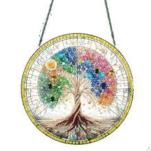 1 pezzo Albero della vita piatto 2D in diamante, opera d'arte acrilica con catena da appendere alla finestra, decorazione da tavolo fai-da-te per Natale, da esporre tutto l'anno, ideale per Ringraziamento, Festa della Mamma, Ognissanti, regalo a sorpresa