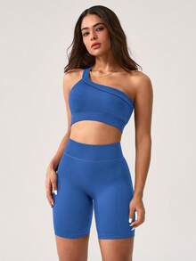 NcmRyu Women's Solid Color Sports Bra & Shorts Set - Minimalist Design, Stretchy Comfortable Activewear For Yoga, Fitness, Gym, Running & Outdoor Activities - 藍色 - 查看 2