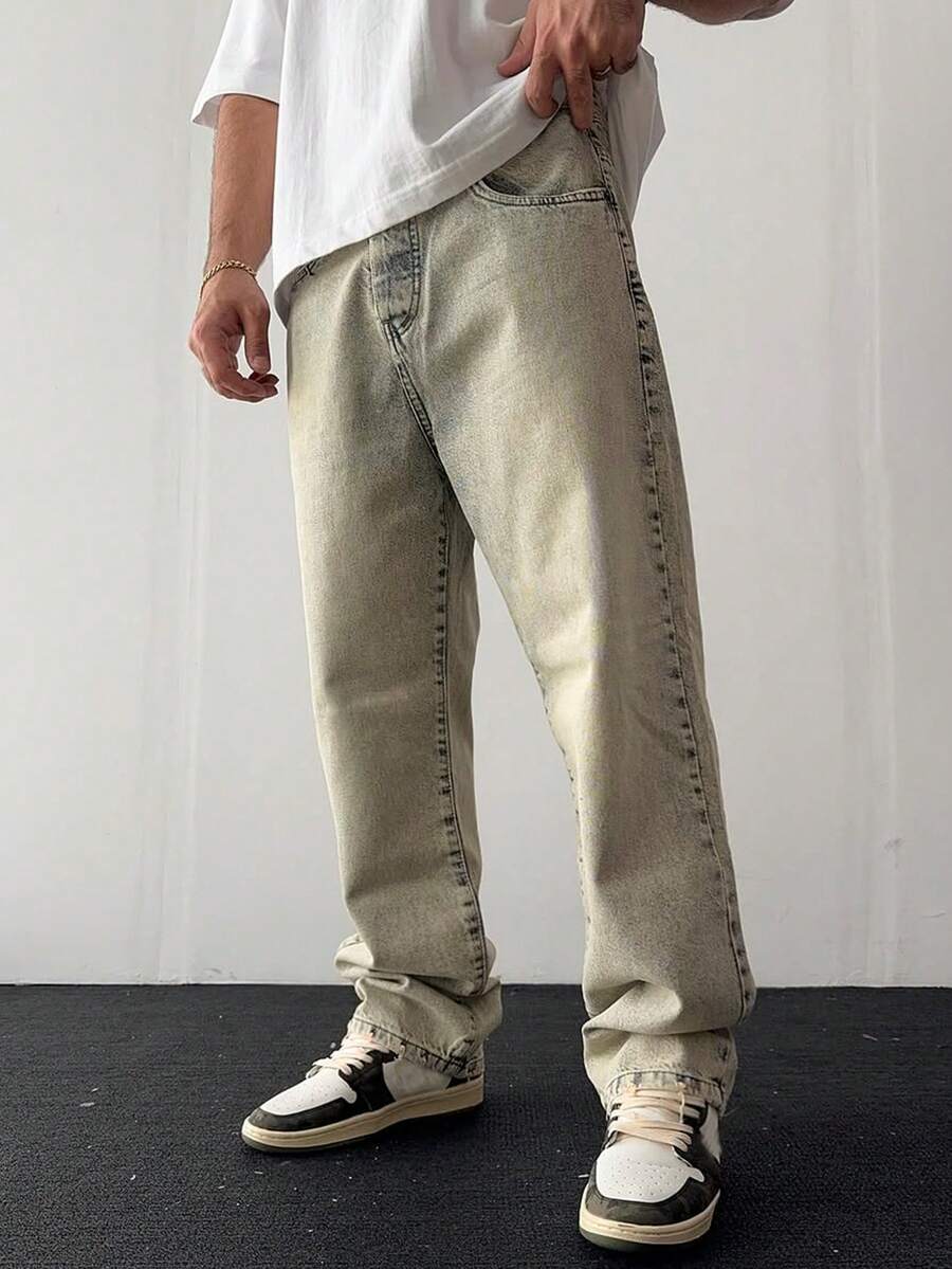 Men's Washed Light Blue Straight Leg Jeans, Men's Loose Fit Jeans, Retro Y2K Style, Simple And Versatile - Pale Yellow - View 1