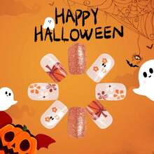 Halloween Press On Nails Short Square - Ghost Floral Pumpkin Glossy Fake Nails 24-Pack For Party Costume