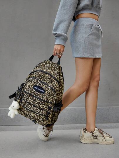 DareSee Nylon Faux Animal Print Backpack, Retro Vintage Harajuku Inspired Leopard, Zebra, Cow Print, Unisex Large Capacity Casual Travel School Bag With Adjustable Padded Straps, Laptop Sleeve, Teddy Bear Charm Winter Gifts