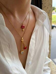Monlansher New Fashionable Women's Stainless Steel Pendant Necklace, Minimalist Design With Mushroom & Cherry Elements, Versatile Casual Wear - Gold - View 13